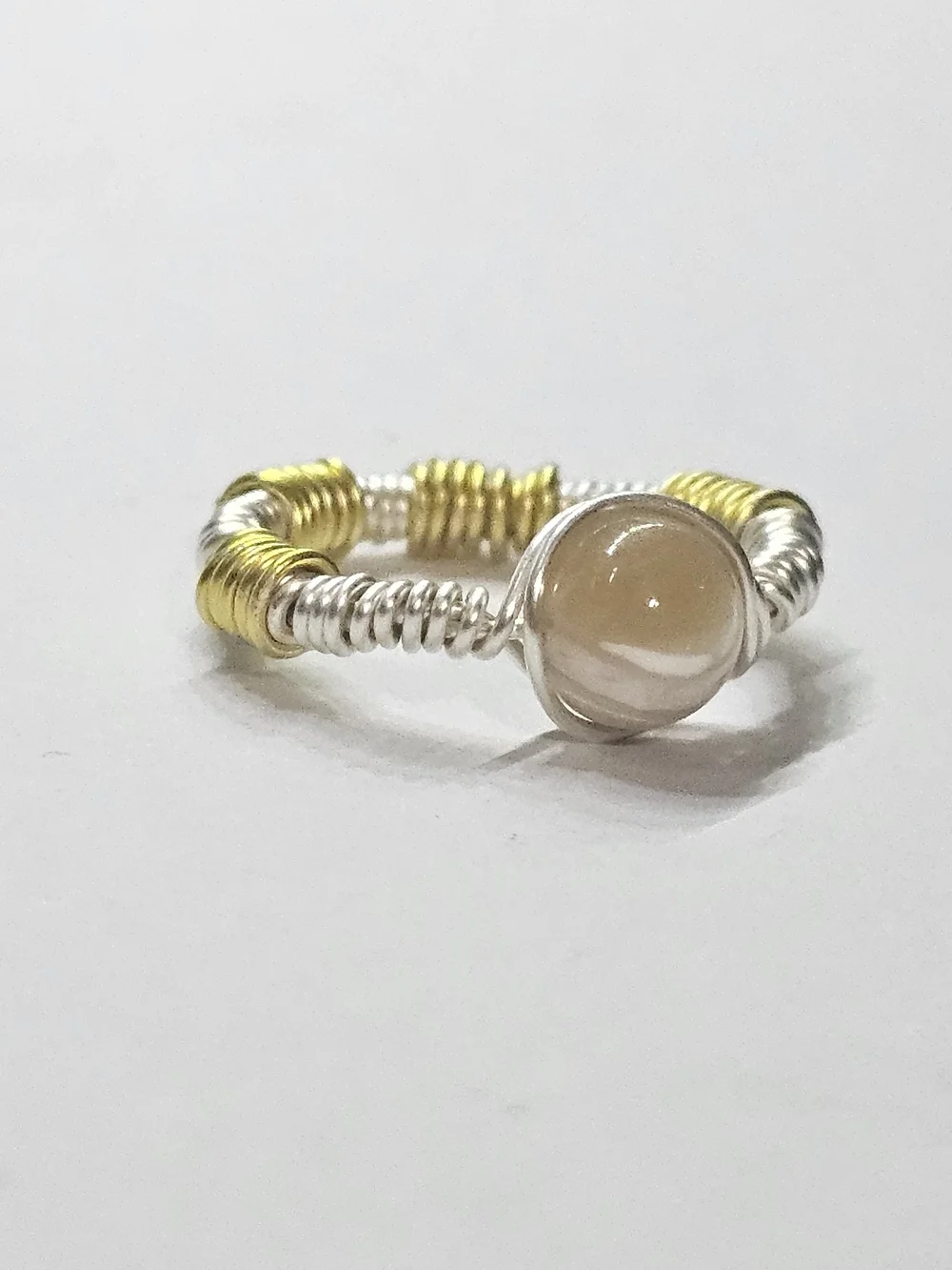 Handcrafted Two-Tone Wire Wrapped Beige Stone Ring